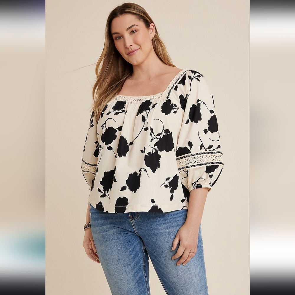 Maurices Cotton Floral Crochet Trim Blouse Plus Size 2x